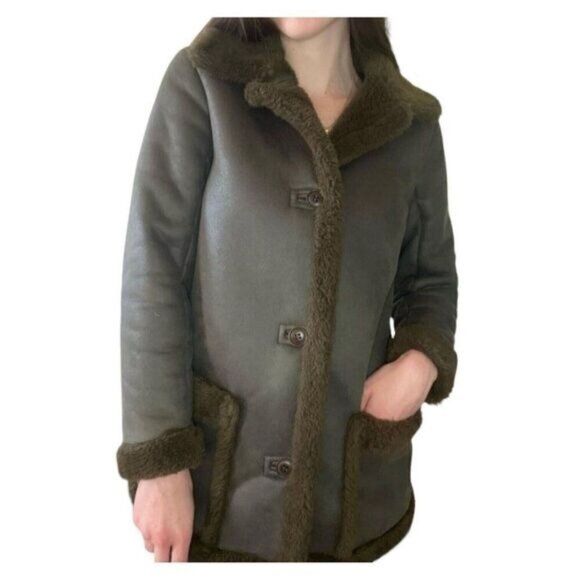 Abercrombie Fitch Coat‎ Womens XS Olive Green Long Shearling Sherpa Lined Jacket - Picture 1 of 14